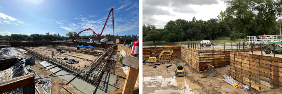 Construction site with a concrete pump truck pouring cement into foundations under a clear blue sky.